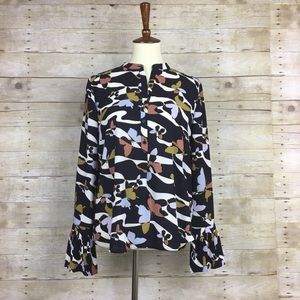 Ann Taylor Butterfly Print Blouse w/ Pleated Cuffs